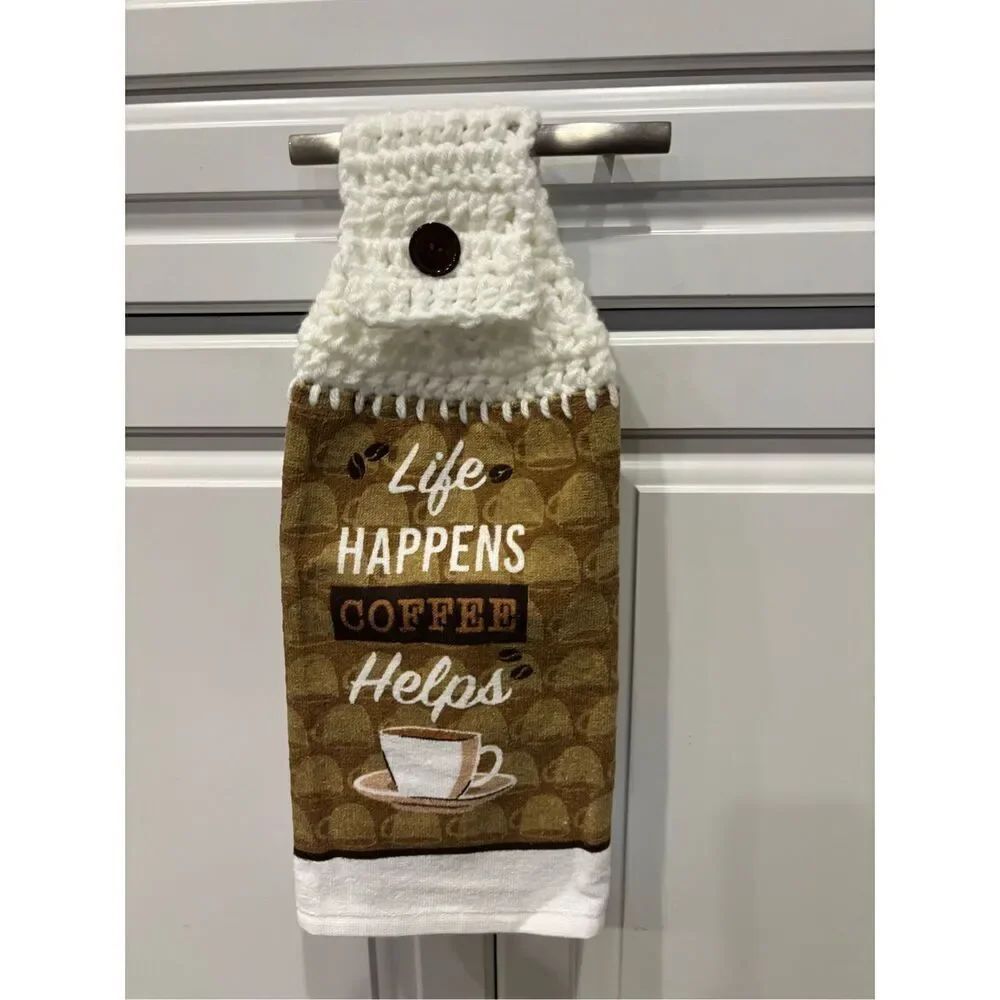 Crochet Top Kitchen Towel-Life happens coffee helps